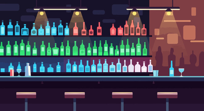 Bar counter with various bottles of alcohol and bar stools.