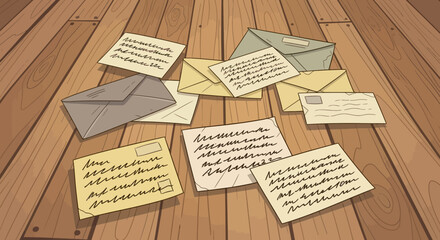 Naklejka premium Collection of handwritten letters and envelopes scattered on a wooden surface.