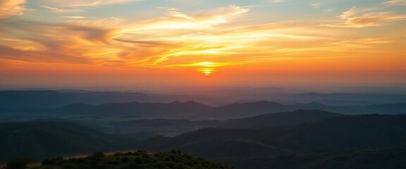 Fototapeta premium Vast golden hour landscape, vibrant sky gradients, tranquil horizon, wide natural vista, breathtaking scenic beauty, wide angle, panoramic