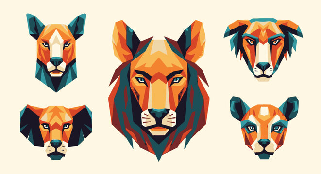Collection of stylized polygonal animal faces, including lions, lioness, and wild dogs, showcasing vibrant geometric art.