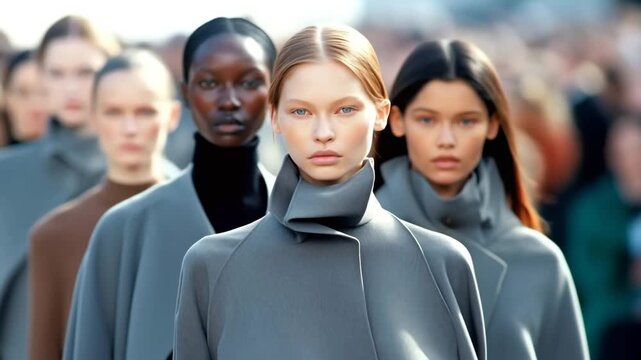 Video of beautiful model women on fashion week with new winter collection walking and posing on catwalk.Slow motion.AI Generative
