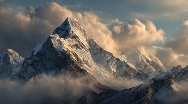Majestic snow-capped mountain peak, dramatic clouds