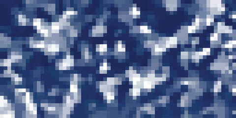 Pixelated abstract pattern in shades of deep blue and white with irregular blocky shapes creating a digital mosaic effect suitable for modern graphic design and technology-themed backgrounds
