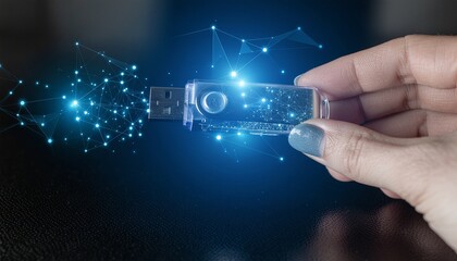 Futuristic USB flash drive with holographic data projection and digital interface concept illustration