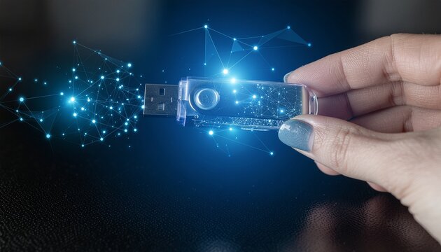 Futuristic USB flash drive with holographic data projection and digital interface concept illustration