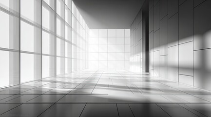 Fototapeta premium Empty, sunlit corridor with large windows