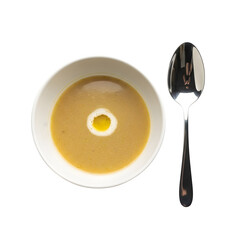Creamy parsnip soup with olive oil isolated on transparent background, top view