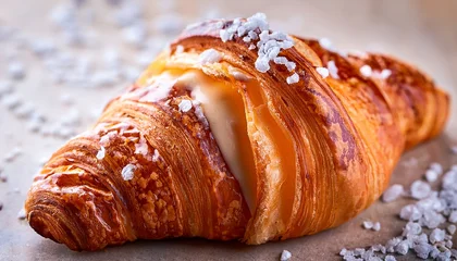 Wandcirkels Restaurant close up of flaky croissant with sweet glazed filling and sea salt topping  © Darlene