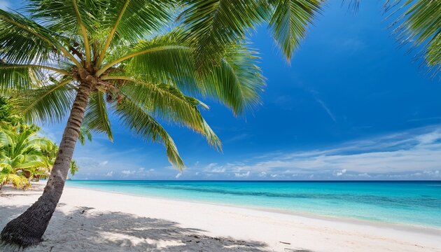 tropical coconut tree palm blue sky white sand calm water summer coastline peaceful lush nature