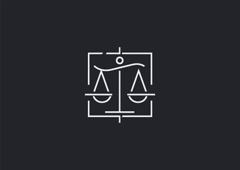 A clean scale line style logo with balanced geometric symmetry, depicting justice and fairness through minimalist outlines and precise vector alignment