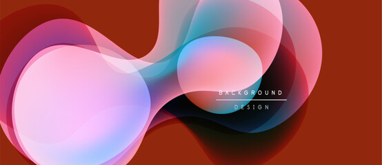 Abstract shapes overlap, creating vibrant color blends. Soft gradients suggest movement, depth. Design features pink, blue, red hues.