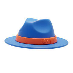 Fototapeta premium 3d icon of blue fedora hat with orange band isolated on transparent background