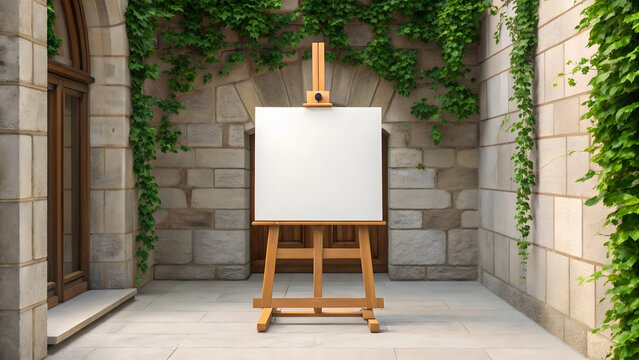 Wooden easel with blank canvas against stone wall and ivy