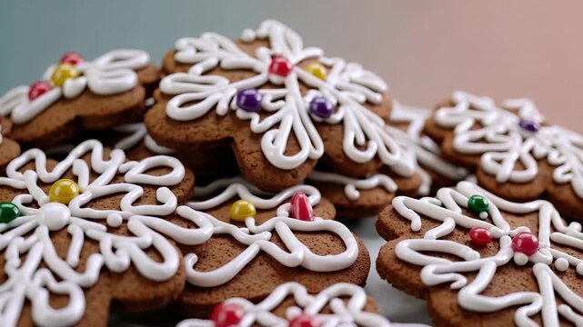 A tray of decorated gingerbread cookies showcases intricate icing patterns and colorful candy toppings. The gingerbread cookies are arranged beautifully, highlighting their festive