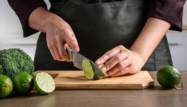 chef hand slicing lime with sharp knife on cutting board kitchen background fresh ingredients professional cooking focused mood