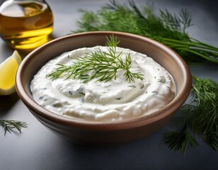 bowl of tzatziki sauce with dill and olive oil