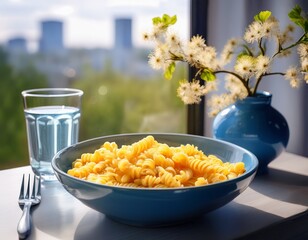 macaroni cheese glass water fork bowl window city tree blue vase natural light cozy lunch urban spring