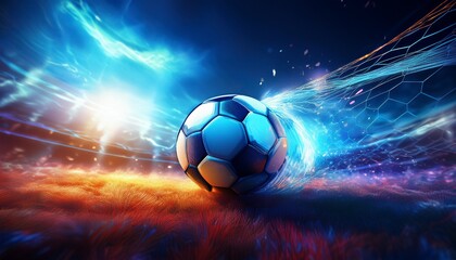 soccer ball scoring goal in dramatic blue background