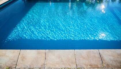 top view of blue pool water with sunlight reflections calm surface and concrete edge creating peaceful summer atmosphere