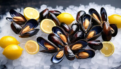 fresh mussels with lemon slices on ice seafood delicacy display