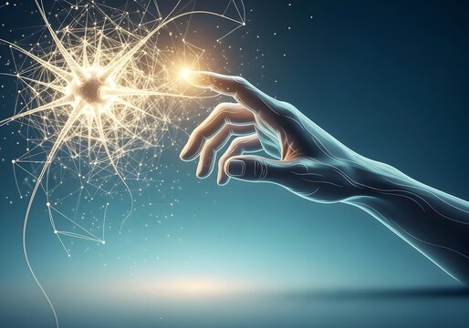 A hand touching a glowing neural network with connected lines and nodes on a blue gradient background - Powered by Adobe