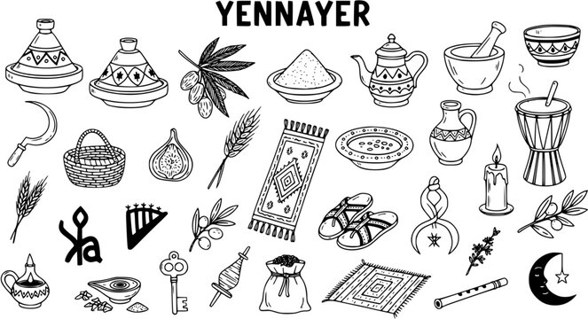 Yennayer Amazigh Berber New Year Doodle Set: Hand-drawn cultural symbols, traditional food, tools, and elements for celebration in sketch vector style.
