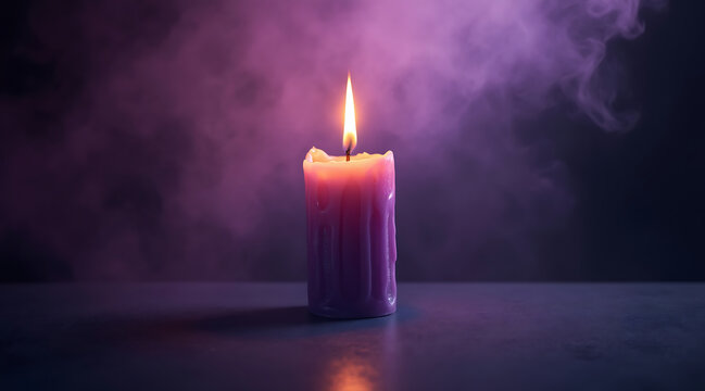 Purple candle burning with smoke and flame on dark surface with smoky purple background creating mysterious mood