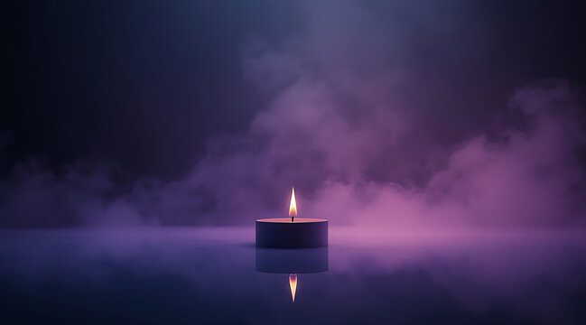 Single lit candle with flame reflection on surface surrounded by purple smoke in dark gradient studio, peaceful and calm atmosphere - Powered by Adobe
