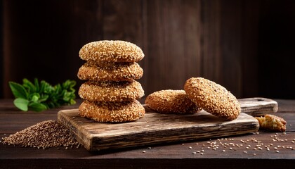 stack of homemade crunchy amaranth seed cookies on rustic wooden stand