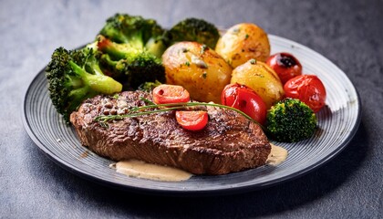 grilled steak with herb sauce roasted potatoes cherry tomato red bell pepper broccoli on plate delicious and vibrant meal