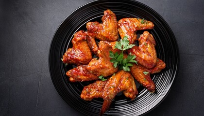 spicy buffalo chicken wings on black plate garnished with parsley crispy texture delicious and appetizing meal top view