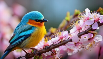 colorful bird perched on blooming branch vibrant plumage springtime nature close up detailed feathers soft background peaceful mood