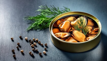 freshly canned mussels in oil with dill and peppercorns