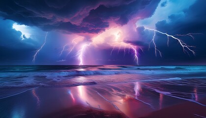 stormy sky rain lightning dramatic cloud ocean beach reflection horizon nature landscape powerful lightning strikes dramatic storm clouds over