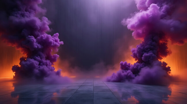 Symmetrical front facing scene featuring dense violet smoke clouds with orange and purple lighting creating dramatic and mysterious atmosphere