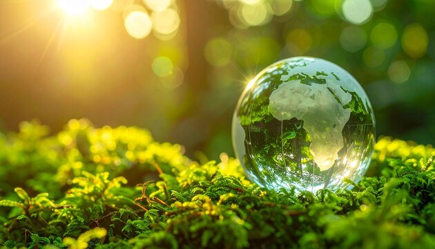 A glass Earth globe on vibrant green moss in a sunlit forest, symbolizing global environmental protection and the crucial concept of a sustainable future
