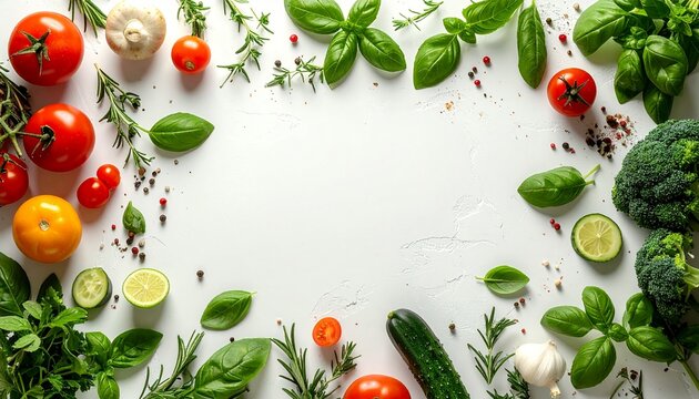 Fresh Vegetables and Herbs Border on White, Healthy Eating and Culinary Concepts