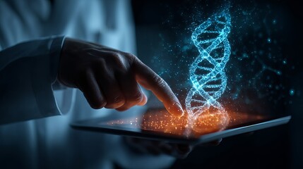 Scientist explores glowing DNA helix on tablet interface, visualizing genetic future with futuristic technology and data