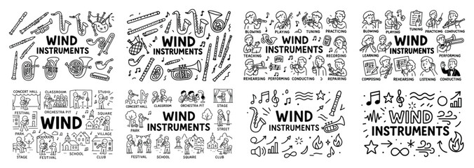 Obraz premium Wind instruments and musicians illustrated collection