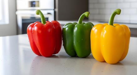 Fresh colorful bell peppers on kitchen counter