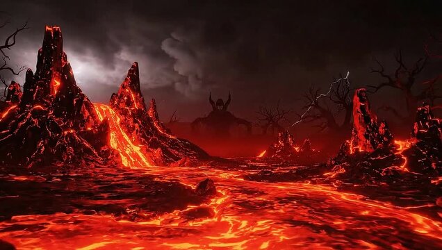 Flowing Lava Landscape with Lightning and a Dark Figure