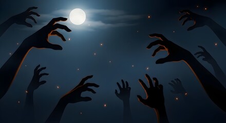 Dark creepy zombie hands reaching toward moon