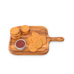 3D render of wooden tray with crackers and sausage