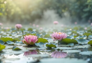 Serene Water Lilies: Pink Blooms Reflecting in Misty Pond