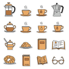 Cozy morning scene with books and coffee perfect for illustrating relaxation reading and a comforting break with warm beverages and pastries.