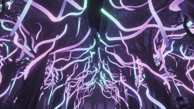 purple tree forest fantasy - A surreal forest scene illuminated by vibrant neon tree branches, creating a mystical atmosphere with colors intertwining in the twilight