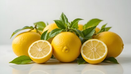 Vibrant Lemons with Green Leaves on White Surface, Fresh Citrus Still Life