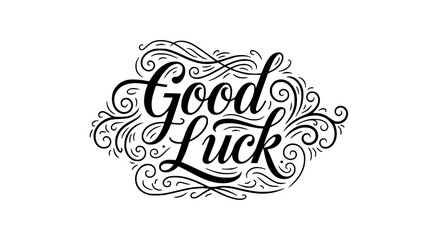 Ornamental calligraphy quote “Good Luck” surrounded by decorative swirls. Vintage hand-lettering style, elegant celebration phrase, clean white background, premium vector positivity artwork.