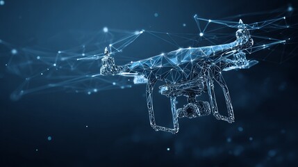Futuristic drone rendered in glowing digital network, symbolizing innovation and advanced technology in aerial surveillance and data capture.