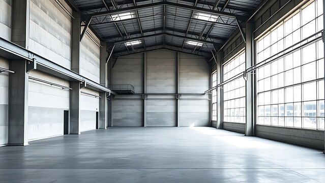 mezzanine. Modern industrial space interior with concrete and metal surfaces, minimalist warehouse aesthetic. real-estate listings.